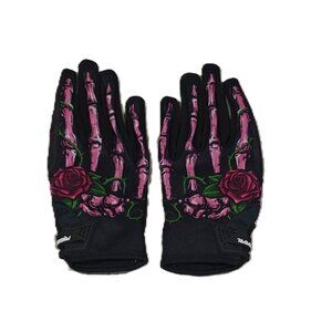 Skeleton Rose Graphic Gloves – Size Small – Black & Pink